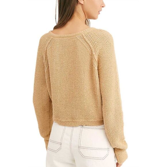 Free People High-low V-neck Sweater In Camel Women's Size Large - Picture 2 of 8